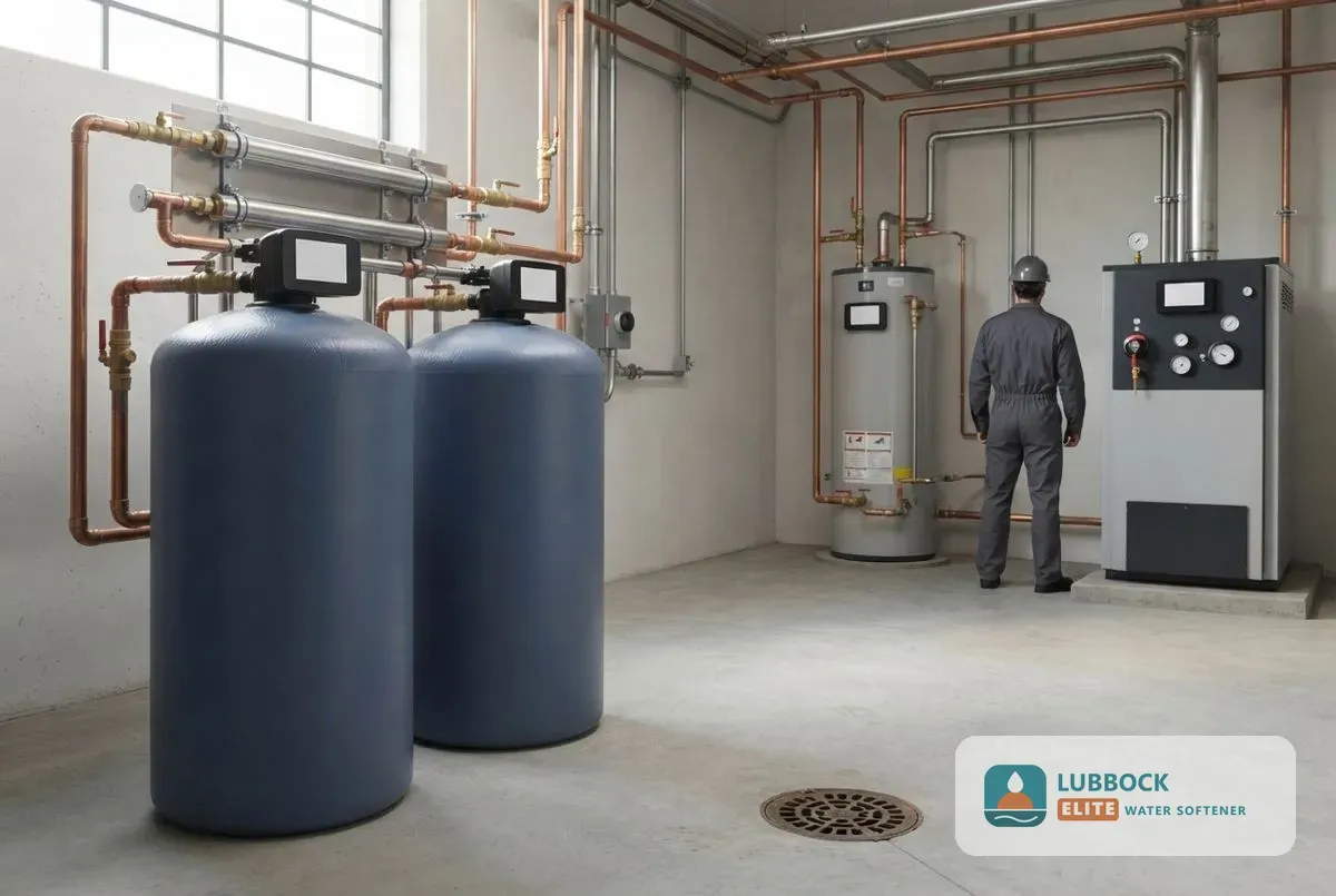Commercial water softener Lubbock TX high-flow system in a mechanical room
