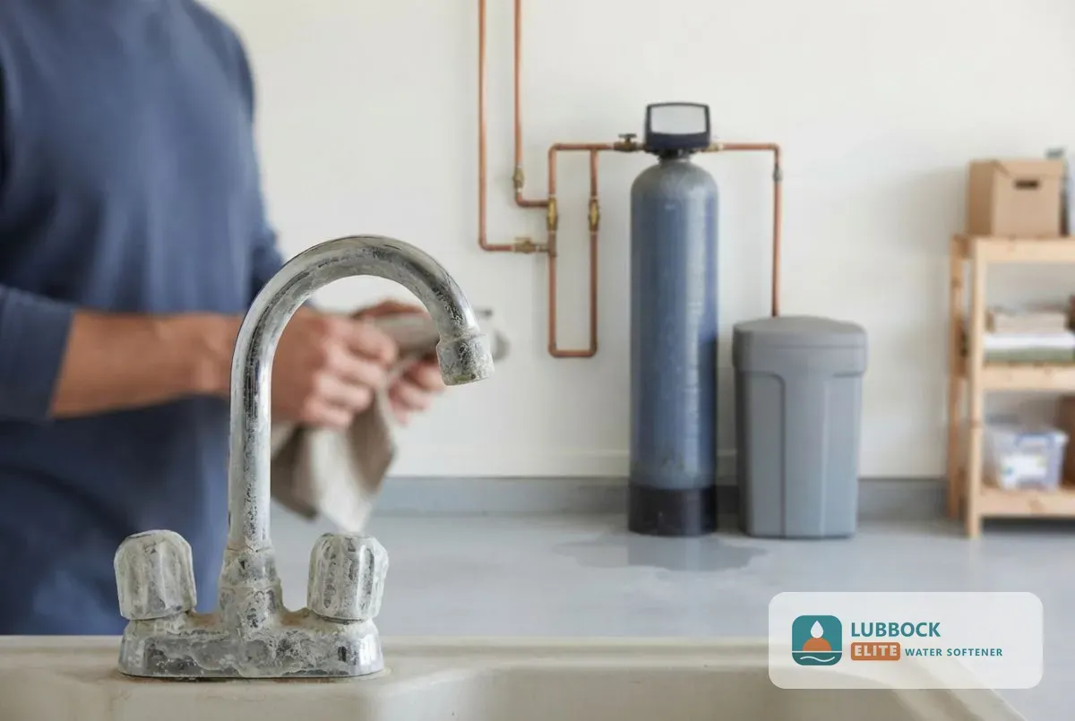 Scaled faucet and water softener in a Lubbock TX home