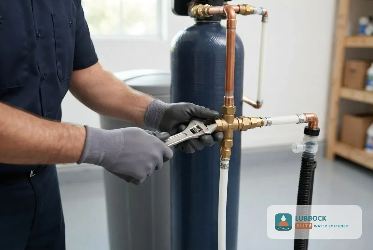 Water softener installation Lubbock TX technician connecting a softener