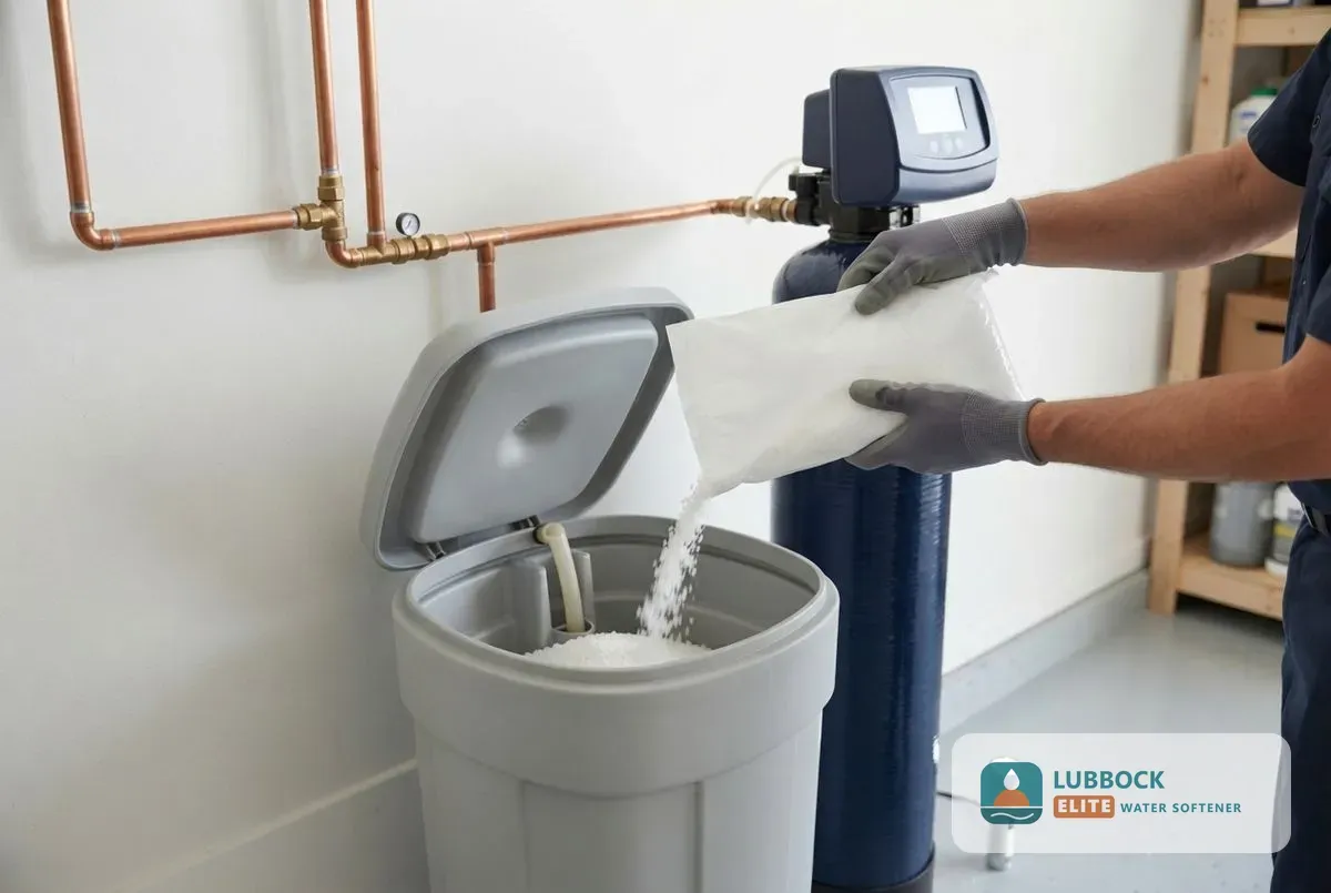 Water softener maintenance Lubbock TX technician checking brine tank