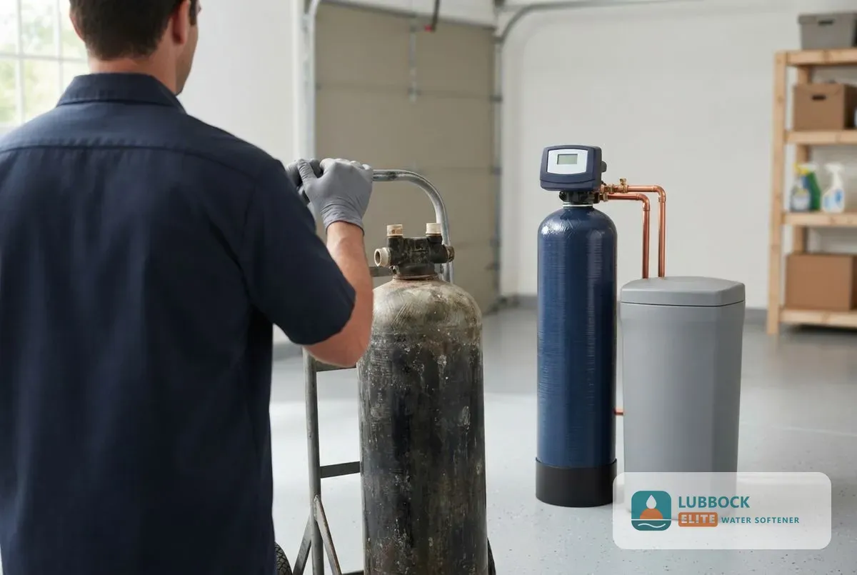 Water softener replacement Lubbock TX old and new unit